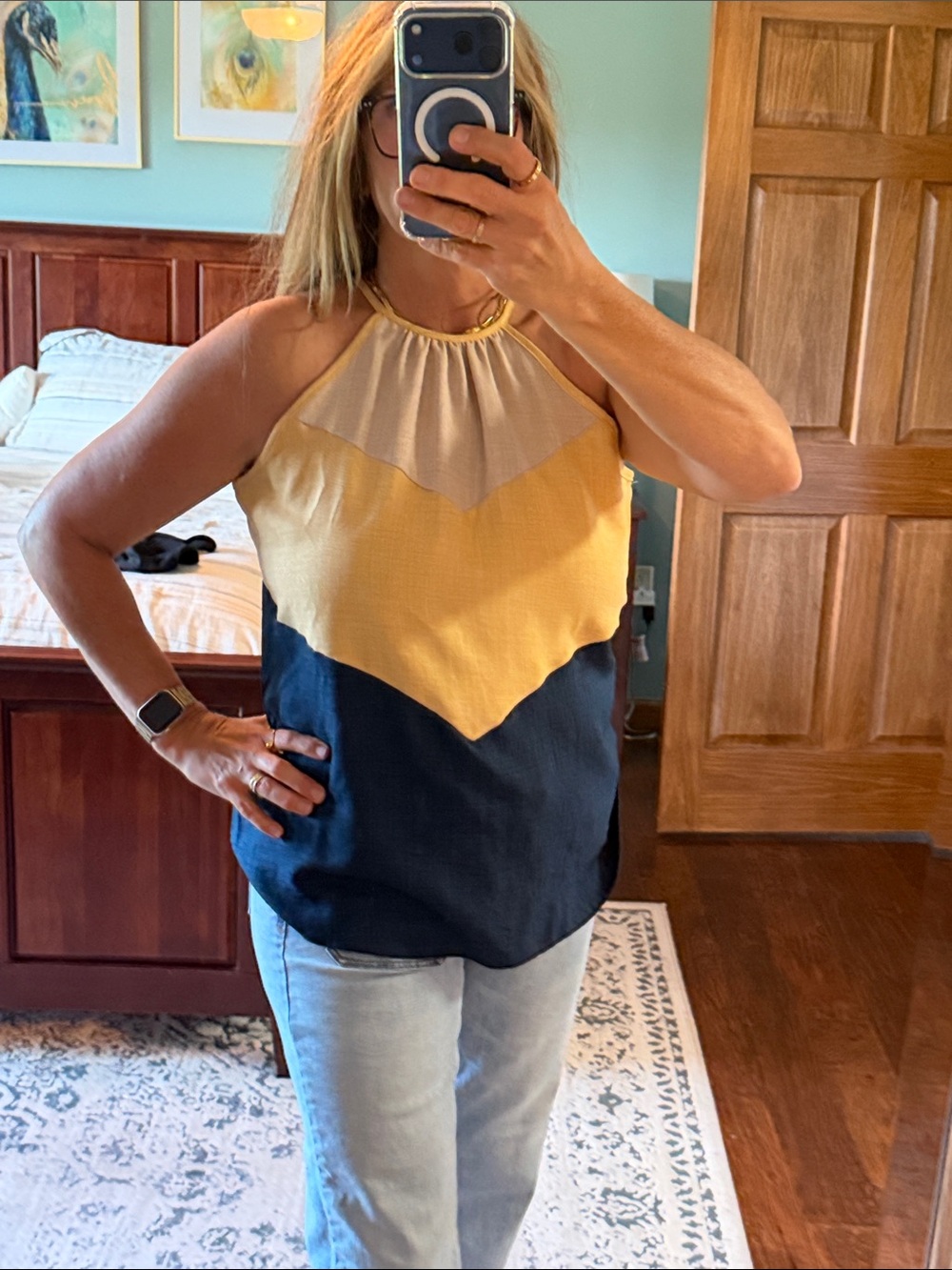 Chevron Colorblock Halter Camisole in Yellow, Cream & Navy